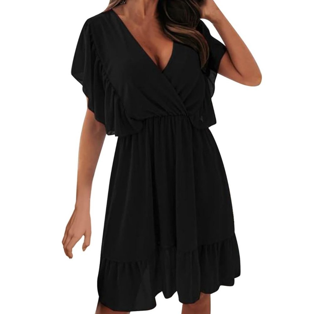 Women's Flutter Short Sleeve Summer Dresses V Neck Ruffle Chiffon Dress